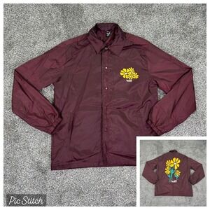 Neff Snap Button Up Burgundy Nylon Jacket Yellow Floral Print‎ Womens Medium